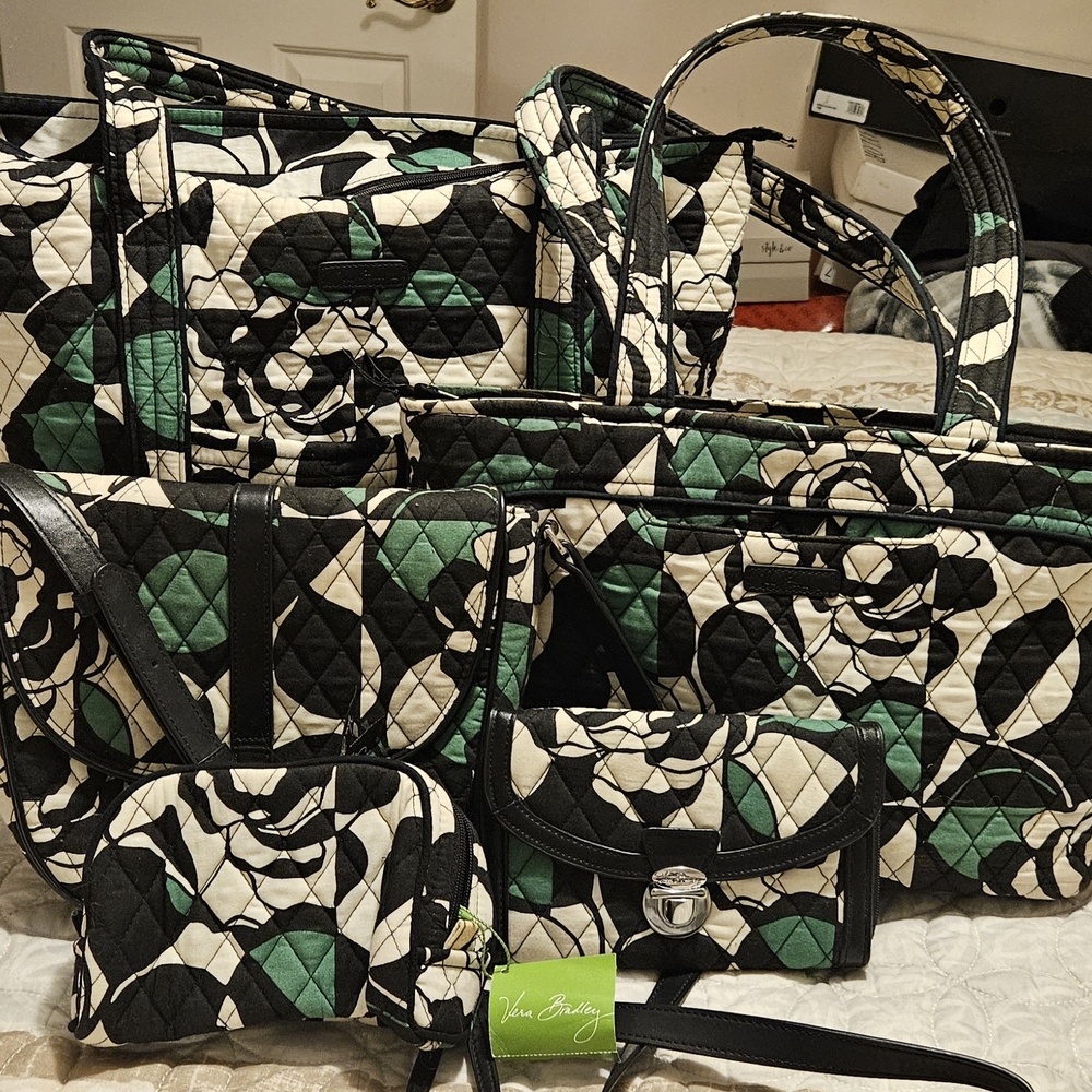 Vera Bradley Black and Green Floral 5 Piece Tote Set